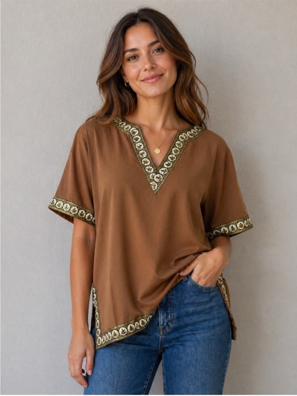 Embroidered V-Neck Tunic in Brown